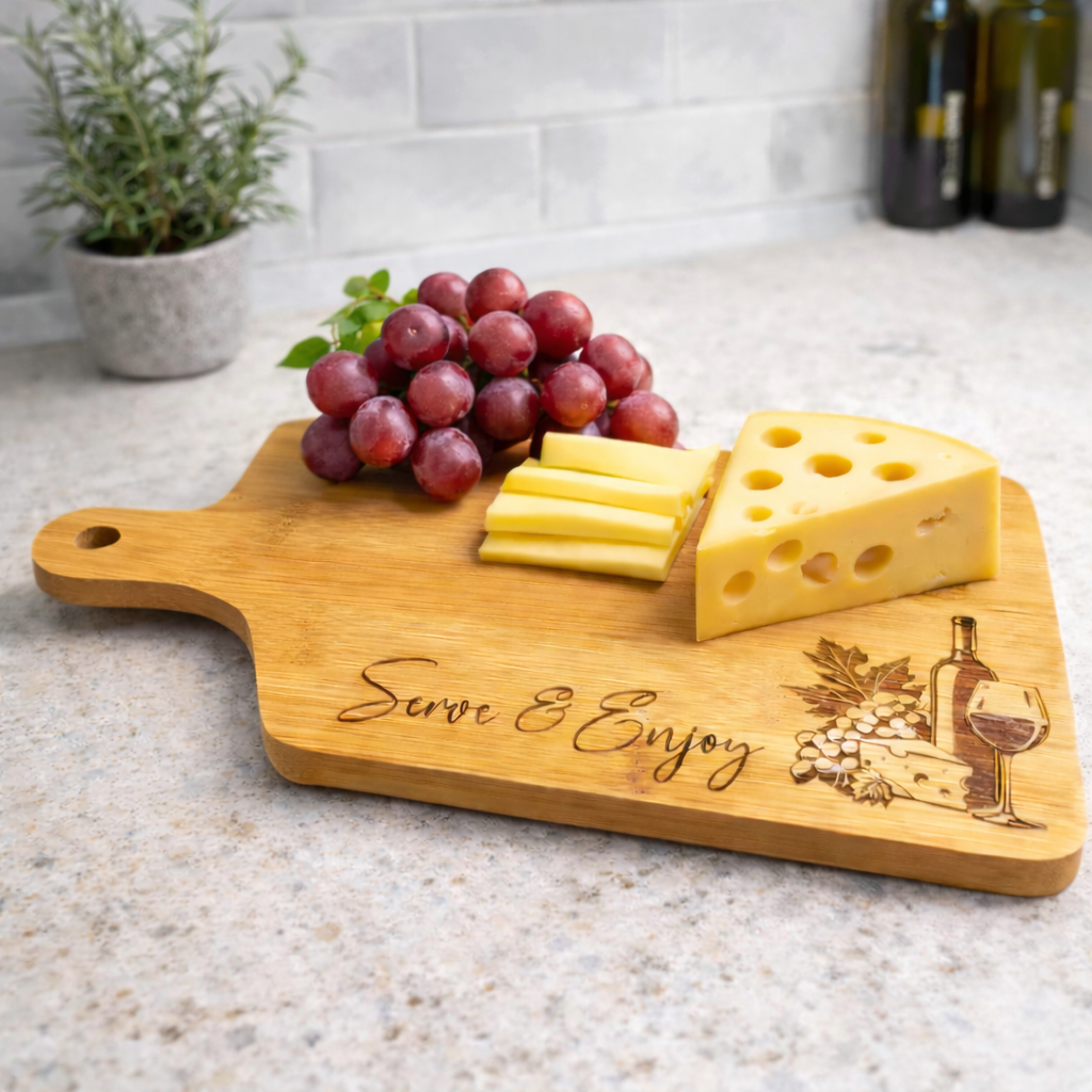 Planche de service en bambou avec poignée – « Servez et dégustez »