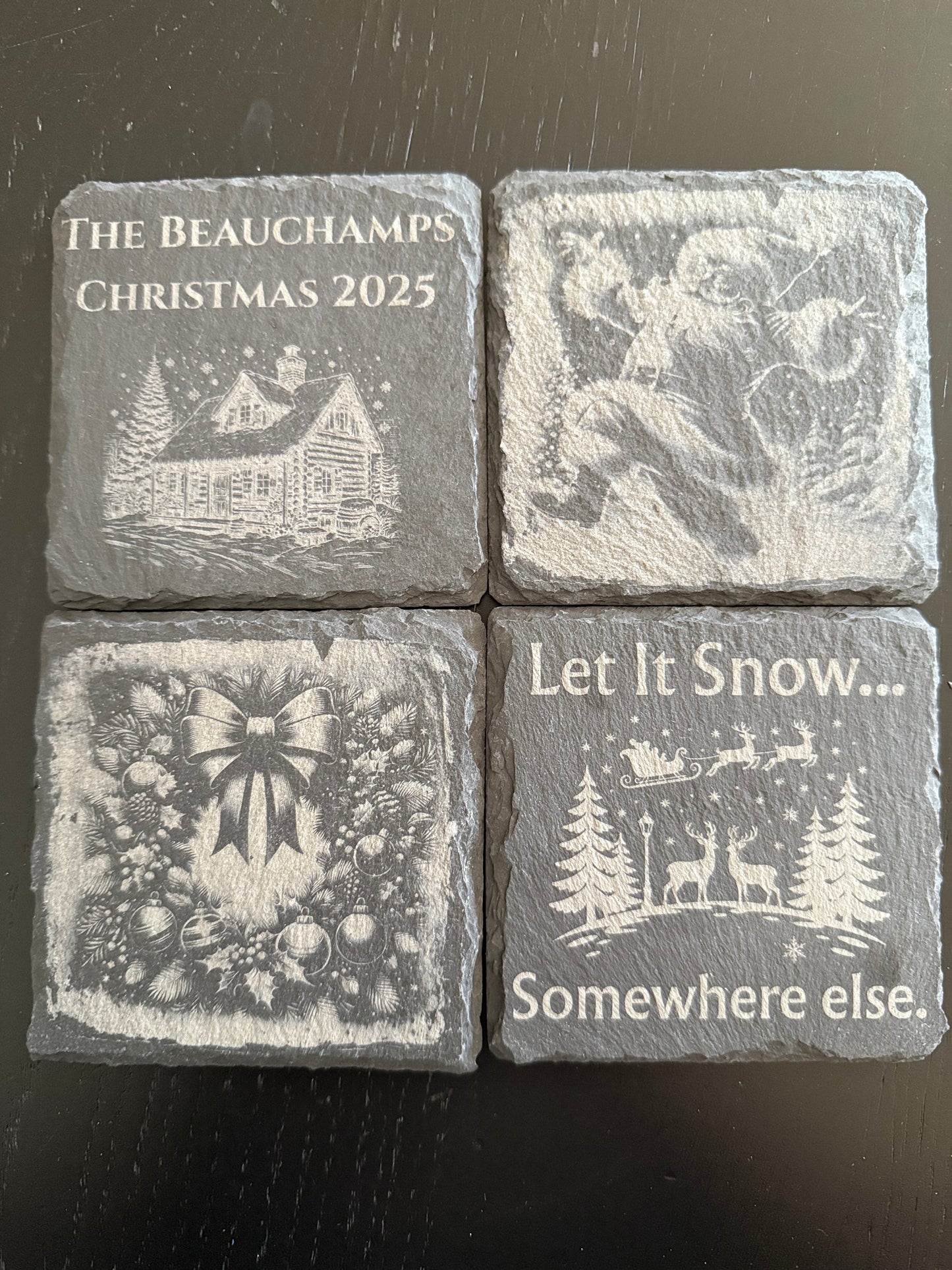 Christmas Slate Coaster Set – 4-Pack | Custom Family Name Option | Laser-Engraved Holiday Decor (4" x 4")