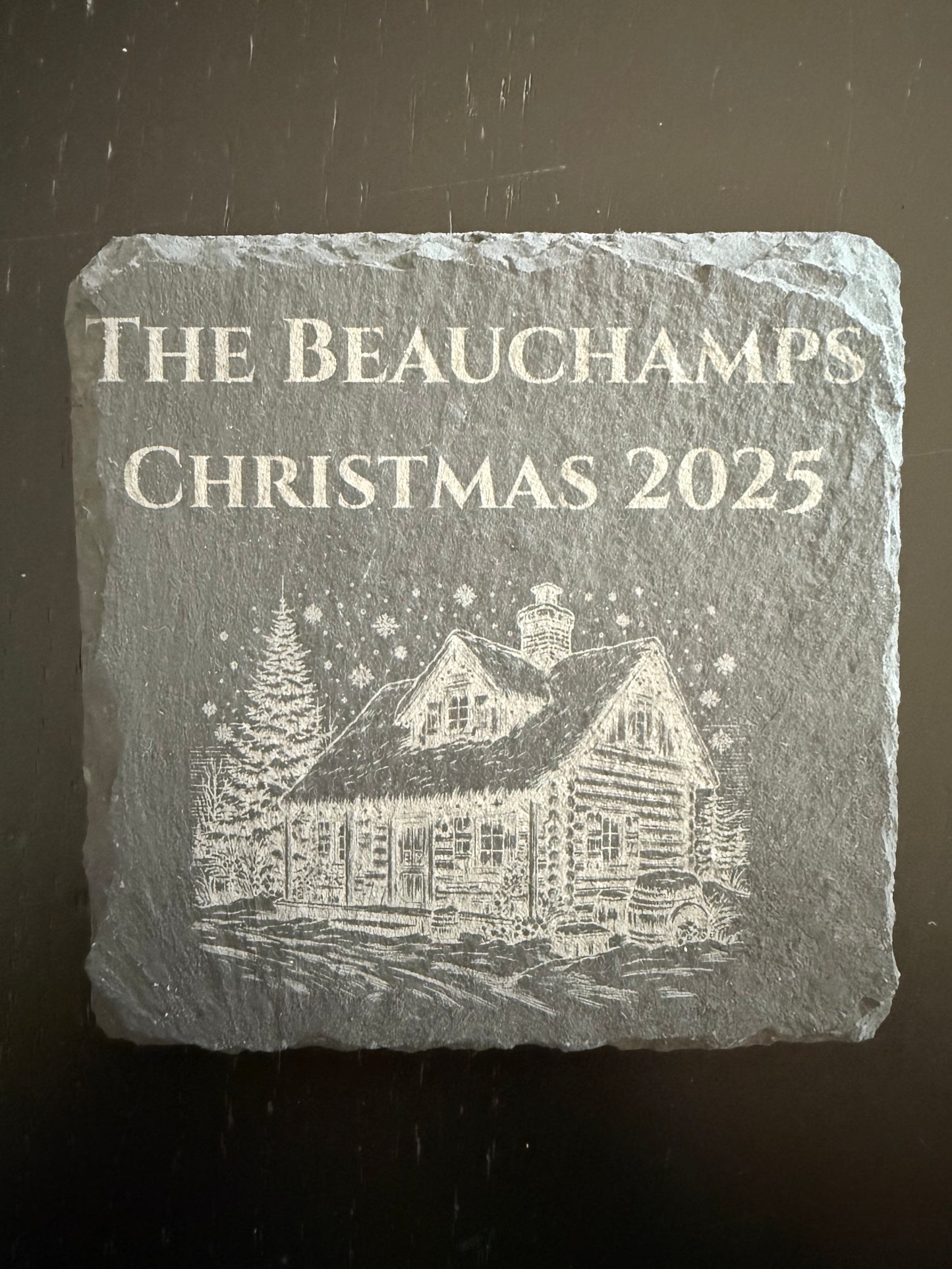 Christmas Slate Coaster Set – 4-Pack | Custom Family Name Option | Laser-Engraved Holiday Decor (4" x 4")