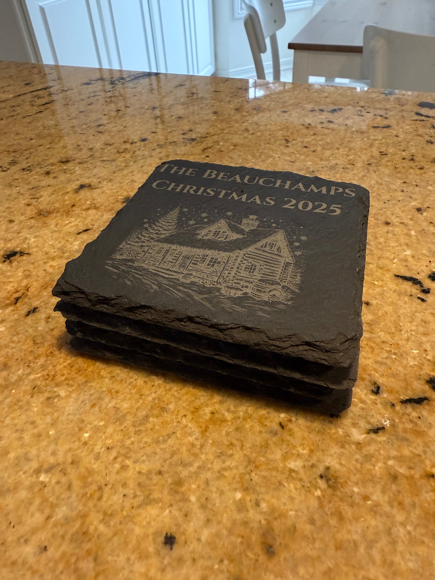 Christmas Slate Coaster Set – 4-Pack | Custom Family Name Option | Laser-Engraved Holiday Decor (4" x 4")