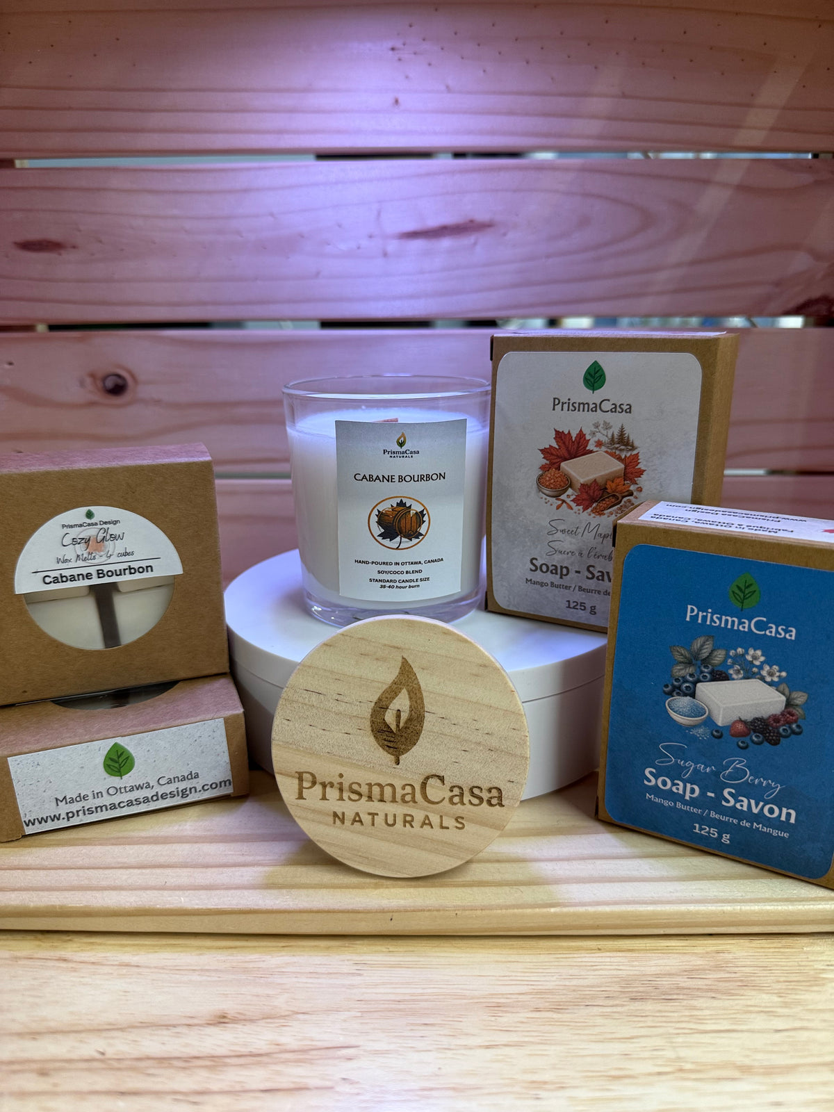 The Scent Story Box gift set with wooden wick candle, wax melts and handmade soaps, made by PrismaCasa in Ottawa