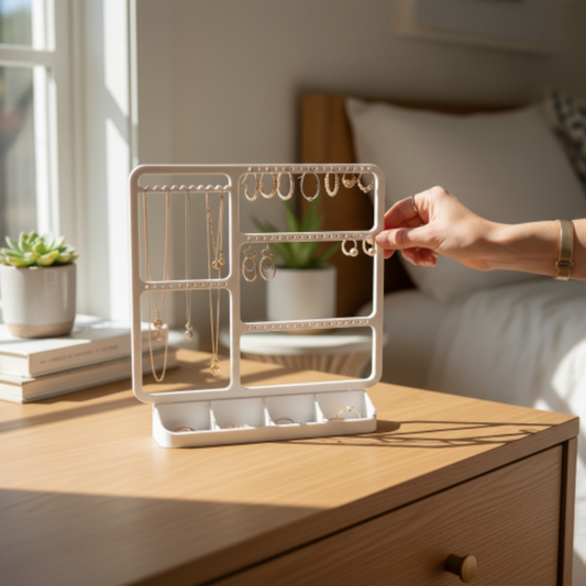 Modern Desk Jewelry Organizer with Ring Tray – Minimalist White Display Stand