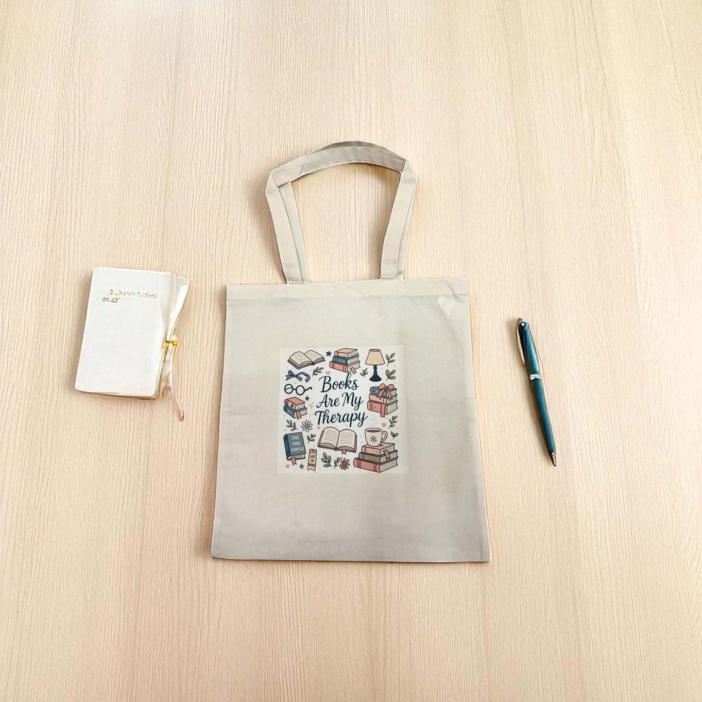 Books Are My Therapy Tote Bag – Reusable Cotton Book Bag for Readers, Library Tote, Gift for Book Lovers