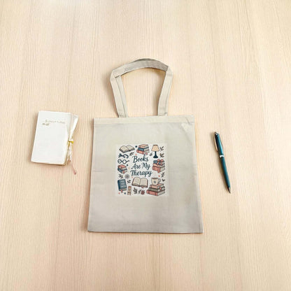 Books Are My Therapy Tote Bag – Reusable Cotton Book Bag for Readers, Library Tote, Gift for Book Lovers
