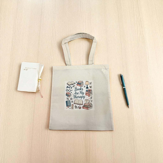 Books Are My Therapy Tote Bag – Reusable Cotton Book Bag for Readers, Library Tote, Gift for Book Lovers