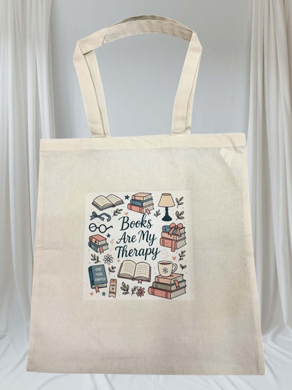 Books Are My Therapy Tote Bag – Reusable Cotton Book Bag for Readers, Library Tote, Gift for Book Lovers