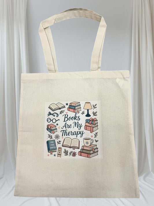Books Are My Therapy Tote Bag – Reusable Cotton Book Bag for Readers, Library Tote, Gift for Book Lovers