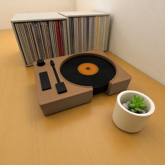 Vinyl Record Coaster Set of Five with Turntable Holder