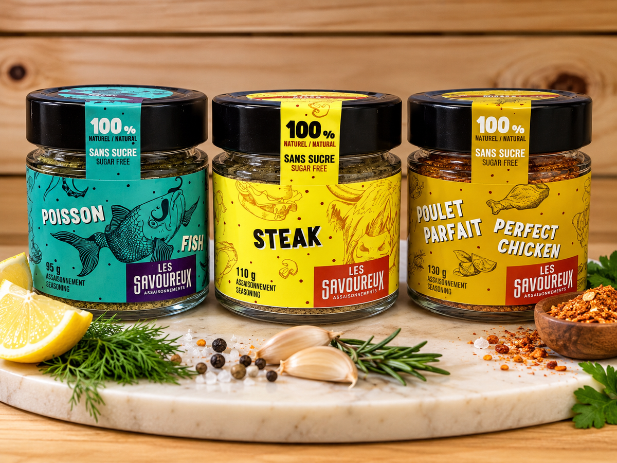 The Main Course Trio of Les Savoureux chicken, steak and fish seasonings, made in Québec