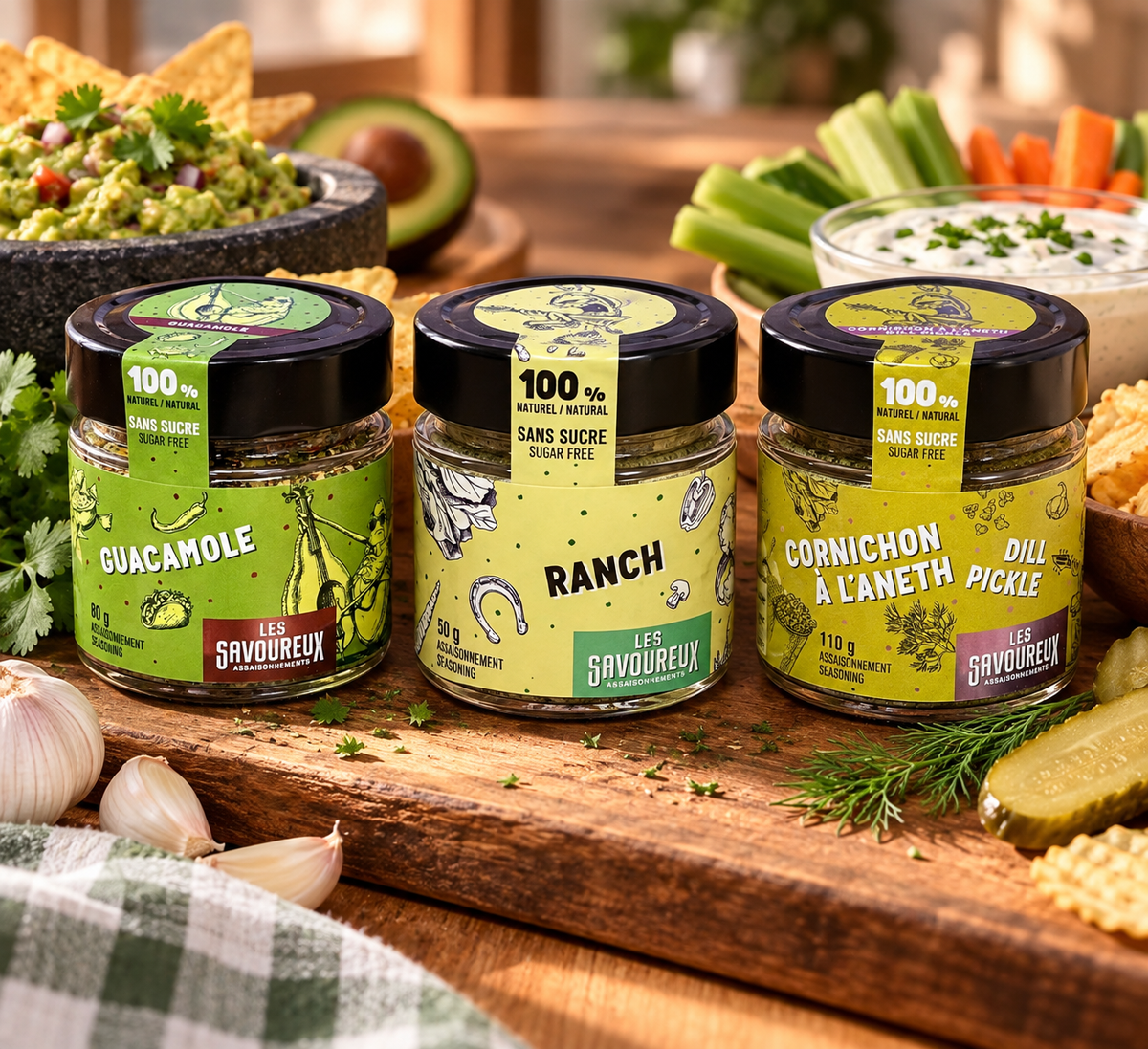 The Dip Trio of Les Savoureux dip seasonings, made in Québec